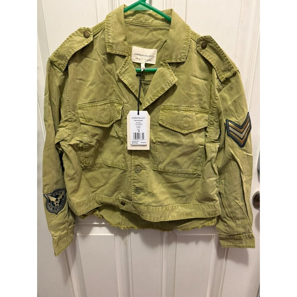 Current/Elliott Khaki Military-Style Cropped Jacket W/ Patches & Frayed Hem